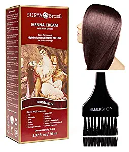 Surya Brasil All Natural HENNA Hair Color CREAM Plant Extracts, Semi-Permanent for Grey Coverage (with Brush) Brazil (BURGUNDY)