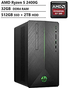 2019 HP Pavilion 690 VR Ready Gaming Desktop Computer, AMD Ryzen 5 2400G Quad-Core Processor, 32GB DDR4, 512GB SSD + 2TB HDD, AMD Radeon RX 580, Wireless-AC, DVDRW, Bluetooth, Windows 10